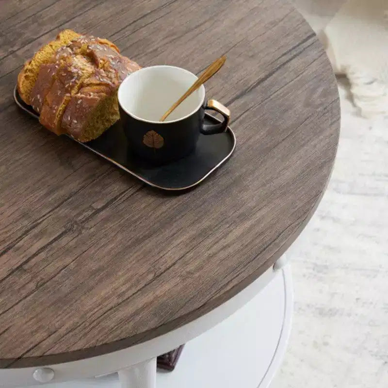 25.2in Double-layer Round Dark Walnut-colored Black-veined MDF Panel, White Wrinkled Baked Iron Frame, Industrial Style Coffee Table