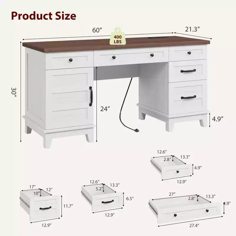 Executive Desk with File Drawers, Farmhouse Home Office Desk with Charging Station, 60 Wooden Computer Desk with Cabinet Storage for Work Study