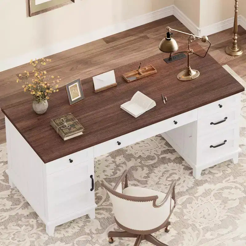 Executive Desk with File Drawers, Farmhouse Home Office Desk with Charging Station, 60 Wooden Computer Desk with Cabinet Storage for Work Study