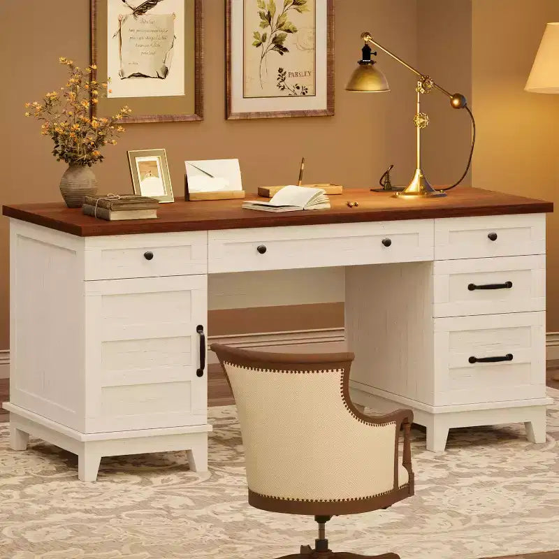 Executive Desk with File Drawers, Farmhouse Home Office Desk with Charging Station, 60 Wooden Computer Desk with Cabinet Storage for Work Study