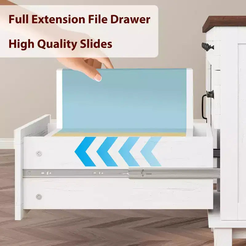 Executive Desk with File Drawers, Farmhouse Home Office Desk with Charging Station, 60 Wooden Computer Desk with Cabinet Storage for Work Study