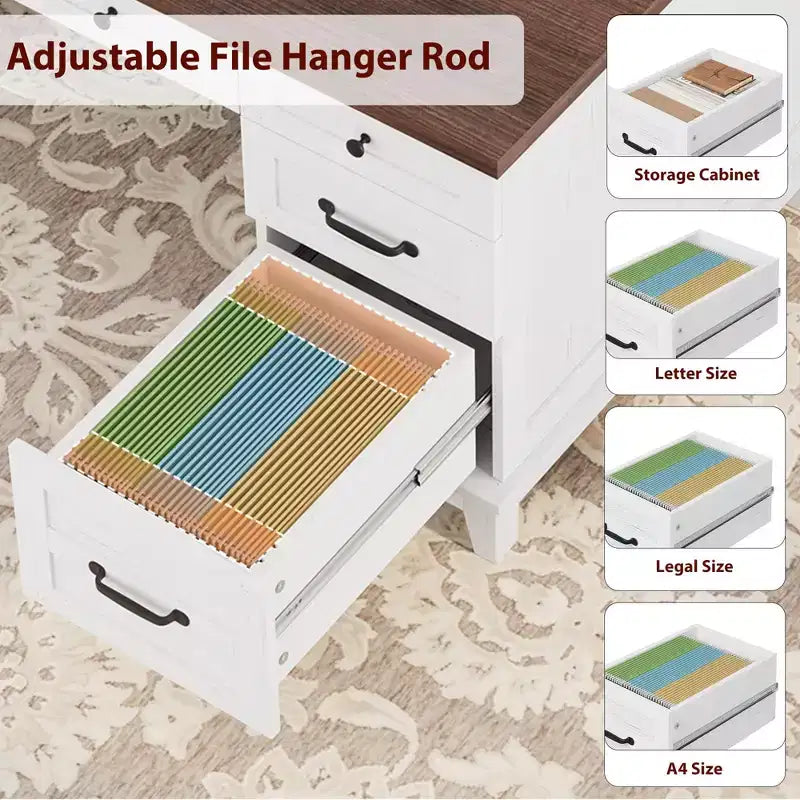 Executive Desk with File Drawers, Farmhouse Home Office Desk with Charging Station, 60 Wooden Computer Desk with Cabinet Storage for Work Study