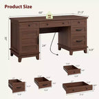 Executive Desk with File Drawers, Farmhouse Home Office Desk with Charging Station, 60 Wooden Computer Desk with Cabinet Storage for Work Study