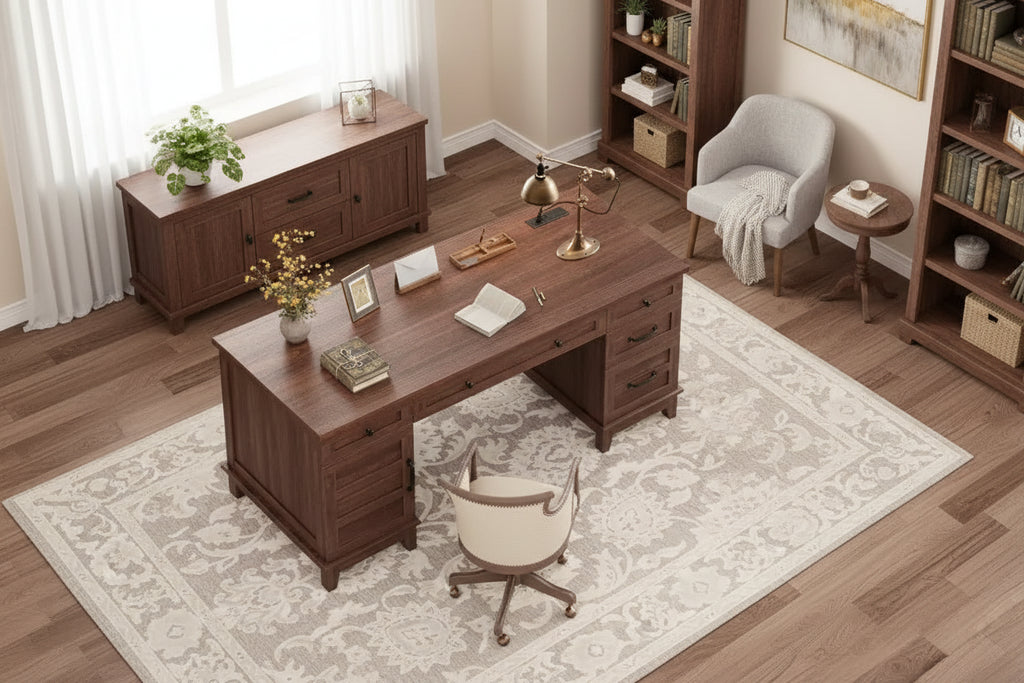 Executive Desk with File Drawers, Farmhouse Home Office Desk with Charging Station, 60 Wooden Computer Desk with Cabinet Storage for Work Study