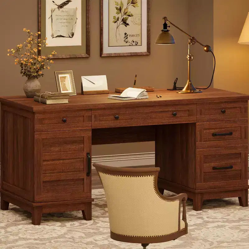 Executive Desk with File Drawers, Farmhouse Home Office Desk with Charging Station, 60 Wooden Computer Desk with Cabinet Storage for Work Study