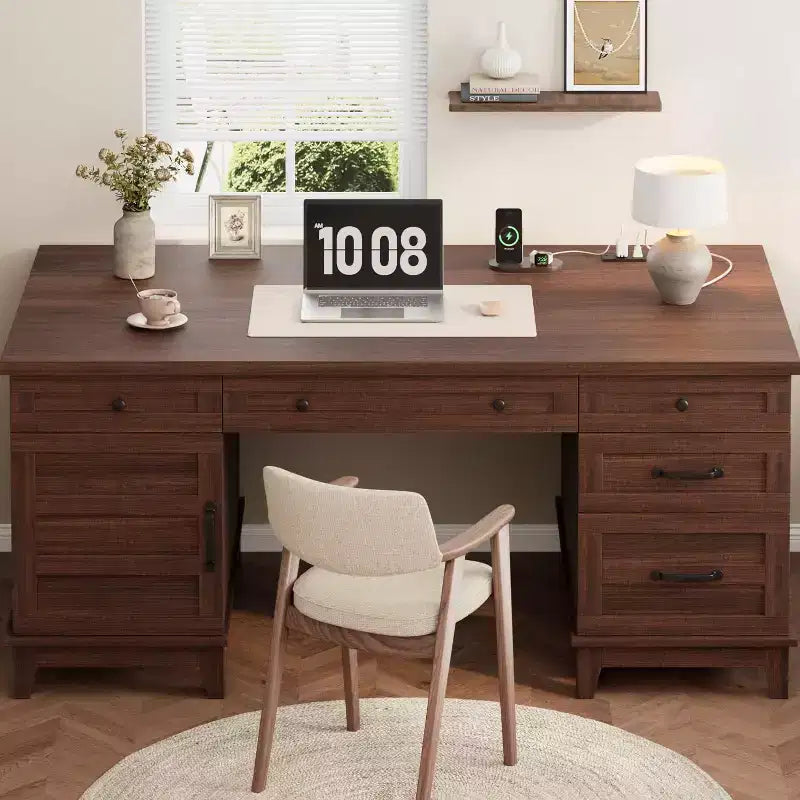 Executive Desk with File Drawers, Farmhouse Home Office Desk with Charging Station, 60 Wooden Computer Desk with Cabinet Storage for Work Study