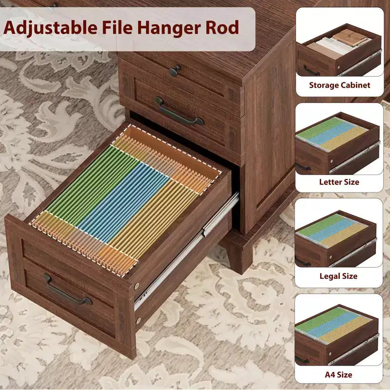 Executive Desk with File Drawers, Farmhouse Home Office Desk with Charging Station, 60 Wooden Computer Desk with Cabinet Storage for Work Study