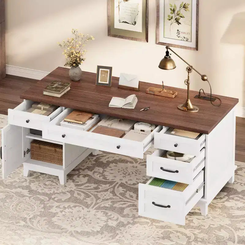 Executive Desk with File Drawers, Farmhouse Home Office Desk with Charging Station, 60 Wooden Computer Desk with Cabinet Storage for Work Study