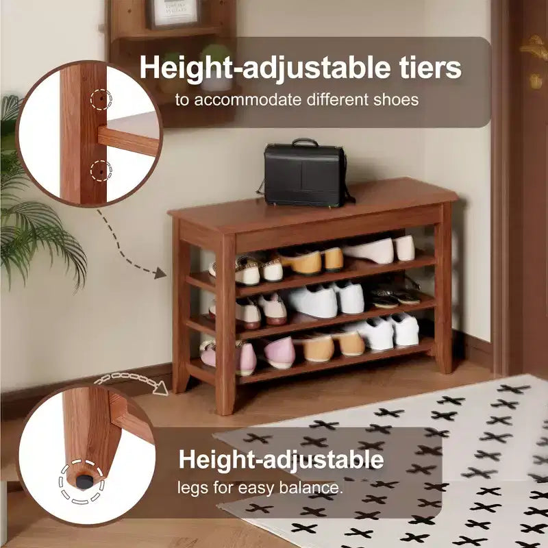 Mid-Century Modern Rubberwood Shoe Storage Bench