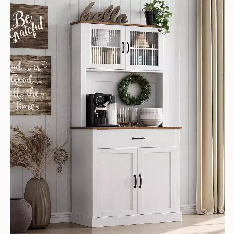 71 Kitchen Pantry Cabinet with Microwave Stand,Freestanding Buffet with Doors and Shelves for Dining Room