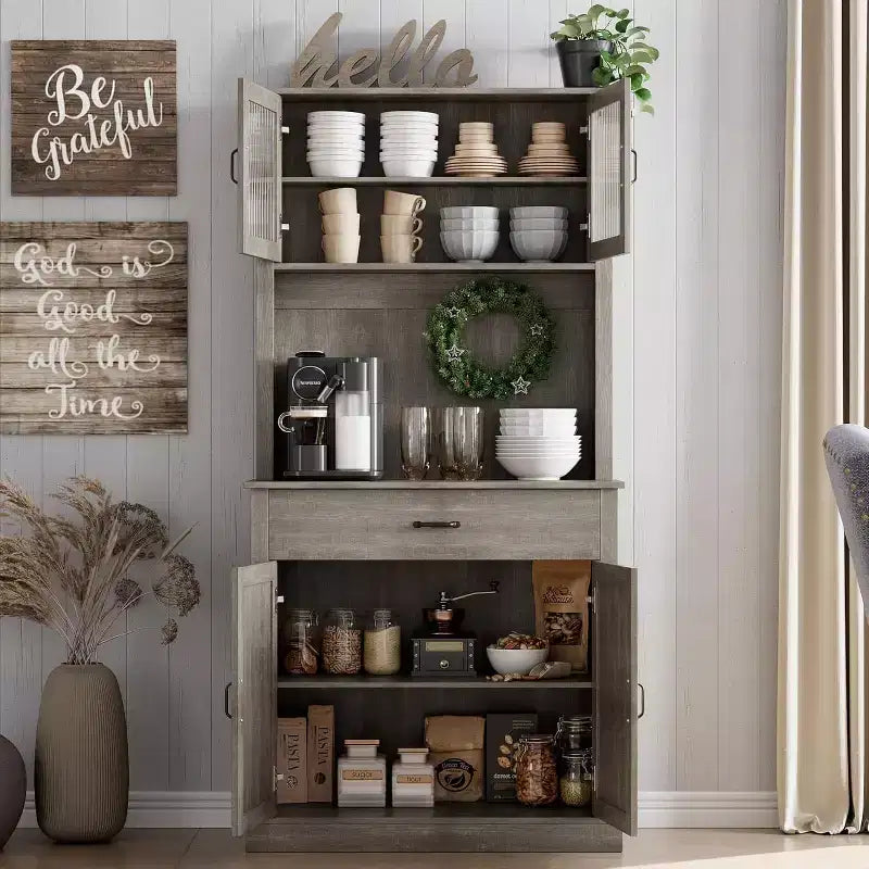 71 Kitchen Pantry Cabinet with Microwave Stand,Freestanding Buffet with Doors and Shelves for Dining Room