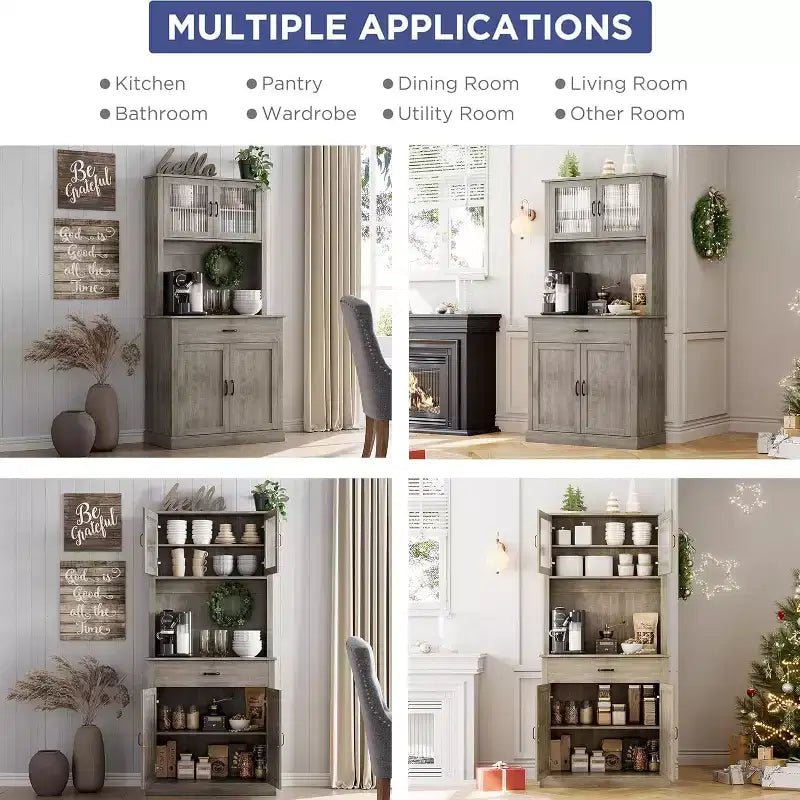 71 Kitchen Pantry Cabinet with Microwave Stand,Freestanding Buffet with Doors and Shelves for Dining Room