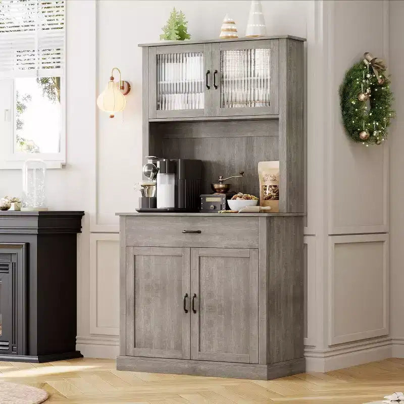 71 Kitchen Pantry Cabinet with Microwave Stand,Freestanding Buffet with Doors and Shelves for Dining Room