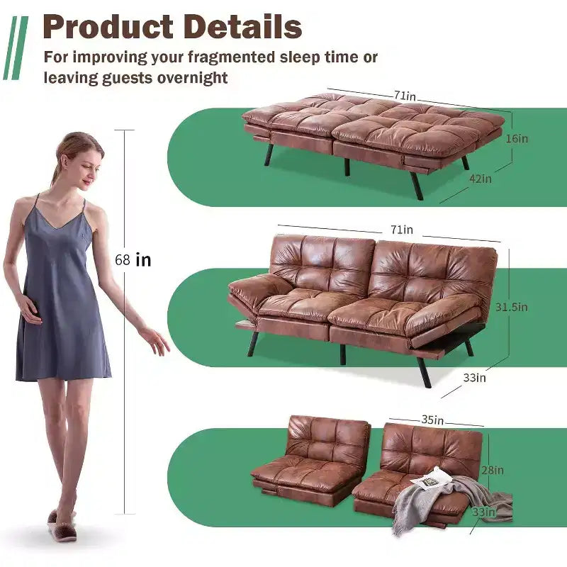 Black Faux Leather Sofa Bed with Memory Foam, Adjustable Backrest & Armrests, Multifunctional Small Loveseat Sleeper Sofa