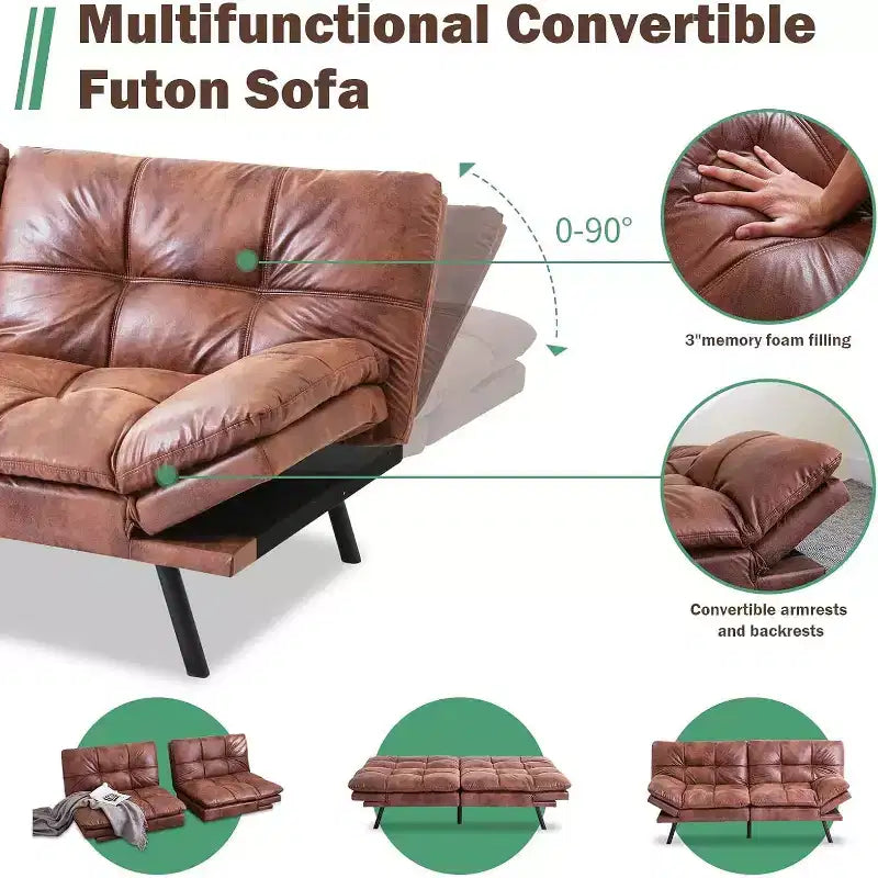 Black Faux Leather Sofa Bed with Memory Foam, Adjustable Backrest & Armrests, Multifunctional Small Loveseat Sleeper Sofa