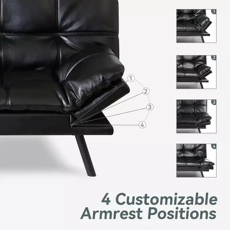Black Faux Leather Sofa Bed with Memory Foam, Adjustable Backrest & Armrests, Multifunctional Small Loveseat Sleeper Sofa