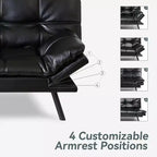 Black Faux Leather Sofa Bed with Memory Foam, Adjustable Backrest & Armrests, Multifunctional Small Loveseat Sleeper Sofa