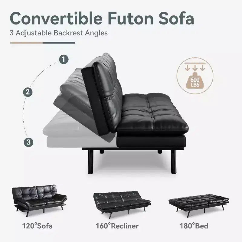 Black Faux Leather Sofa Bed with Memory Foam, Adjustable Backrest & Armrests, Multifunctional Small Loveseat Sleeper Sofa
