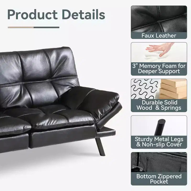 Black Faux Leather Sofa Bed with Memory Foam, Adjustable Backrest & Armrests, Multifunctional Small Loveseat Sleeper Sofa