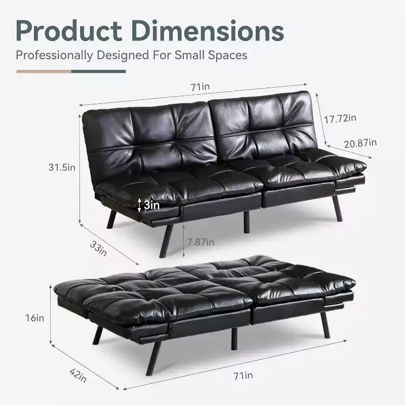 Black Faux Leather Sofa Bed with Memory Foam, Adjustable Backrest & Armrests, Multifunctional Small Loveseat Sleeper Sofa