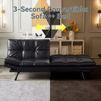 Black Faux Leather Sofa Bed with Memory Foam, Adjustable Backrest & Armrests, Multifunctional Small Loveseat Sleeper Sofa