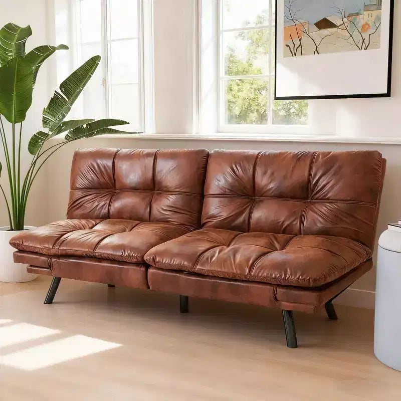 Black Faux Leather Sofa Bed with Memory Foam, Adjustable Backrest & Armrests, Multifunctional Small Loveseat Sleeper Sofa