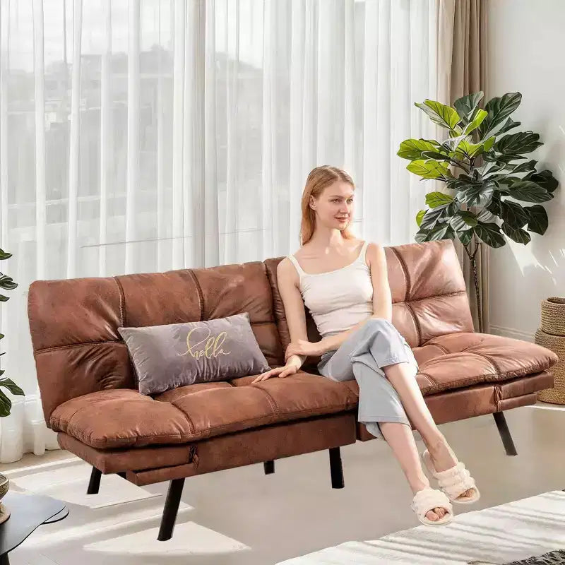 Black Faux Leather Sofa Bed with Memory Foam, Adjustable Backrest & Armrests, Multifunctional Small Loveseat Sleeper Sofa