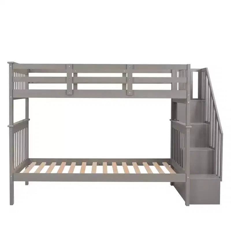 Stairway Twin over Twin Bunk Bed for Kids, Bunk Bed Frame with Storage and Guard Rail for Bedroom Dorm