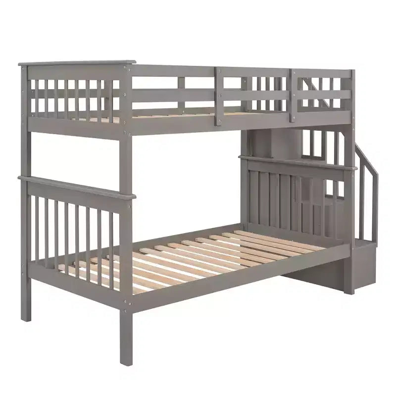 Stairway Twin over Twin Bunk Bed for Kids, Bunk Bed Frame with Storage and Guard Rail for Bedroom Dorm