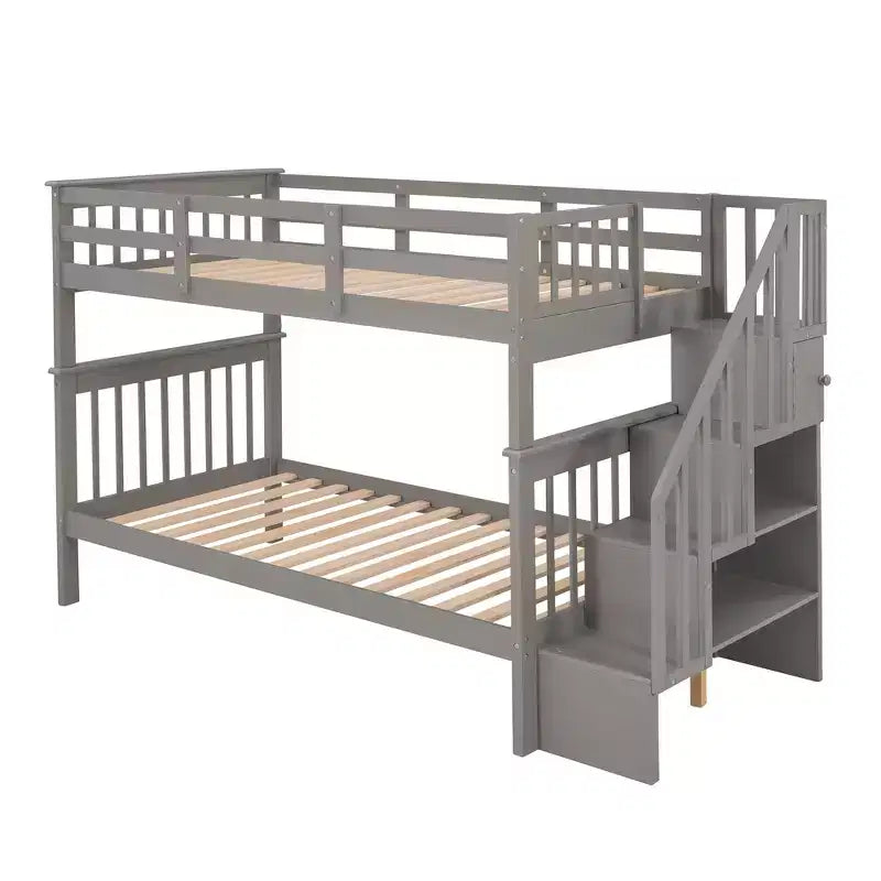 Stairway Twin over Twin Bunk Bed for Kids, Bunk Bed Frame with Storage and Guard Rail for Bedroom Dorm