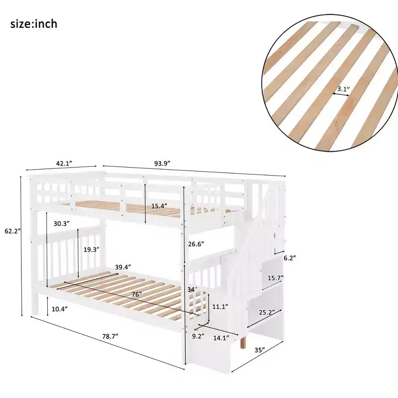 Stairway Twin over Twin Bunk Bed for Kids, Bunk Bed Frame with Storage and Guard Rail for Bedroom Dorm