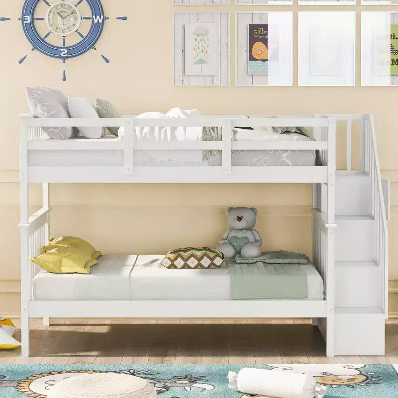 Stairway Twin over Twin Bunk Bed for Kids, Bunk Bed Frame with Storage and Guard Rail for Bedroom Dorm