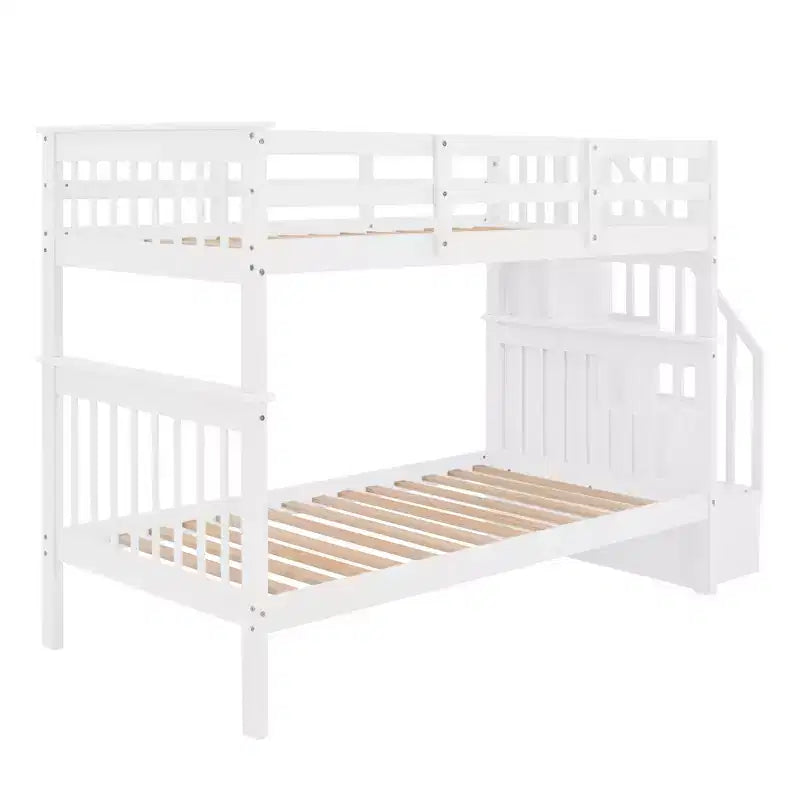 Stairway Twin over Twin Bunk Bed for Kids, Bunk Bed Frame with Storage and Guard Rail for Bedroom Dorm