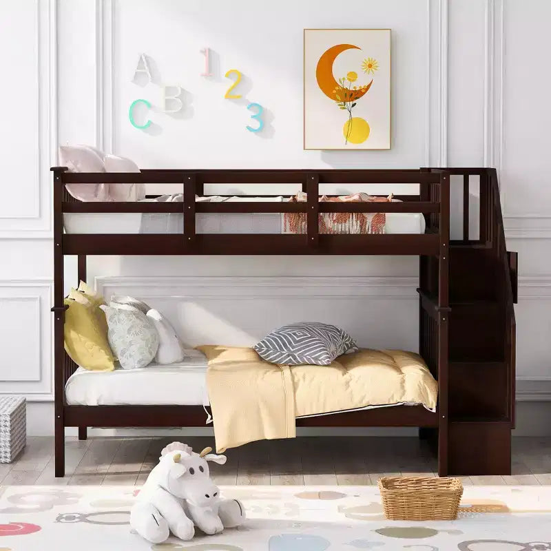 Stairway Twin over Twin Bunk Bed for Kids, Bunk Bed Frame with Storage and Guard Rail for Bedroom Dorm
