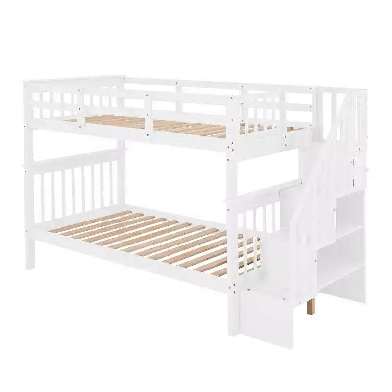 Stairway Twin over Twin Bunk Bed for Kids, Bunk Bed Frame with Storage and Guard Rail for Bedroom Dorm