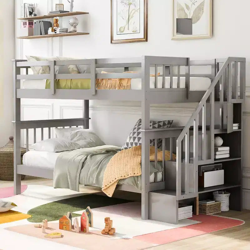 Stairway Twin over Twin Bunk Bed for Kids, Bunk Bed Frame with Storage and Guard Rail for Bedroom Dorm