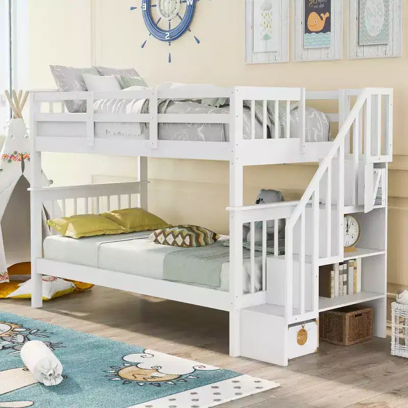 Stairway Twin over Twin Bunk Bed for Kids, Bunk Bed Frame with Storage and Guard Rail for Bedroom Dorm