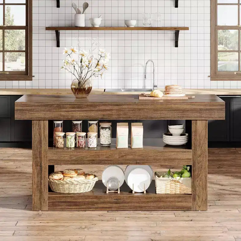 55IN Kitchen Island, 3-Tier Stationary Island Table with Large Countertop, Wooden Coffee Bar Table Storage Cabinet for Dining Room
