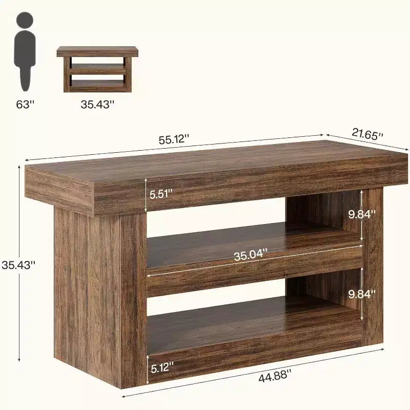 55IN Kitchen Island, 3-Tier Stationary Island Table with Large Countertop, Wooden Coffee Bar Table Storage Cabinet for Dining Room