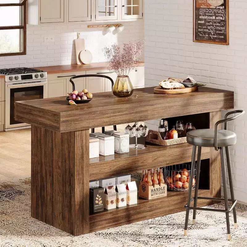 55IN Kitchen Island, 3-Tier Stationary Island Table with Large Countertop, Wooden Coffee Bar Table Storage Cabinet for Dining Room