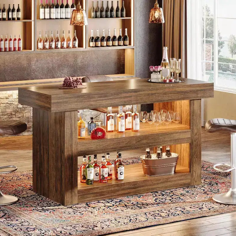 55IN Kitchen Island, 3-Tier Stationary Island Table with Large Countertop, Wooden Coffee Bar Table Storage Cabinet for Dining Room