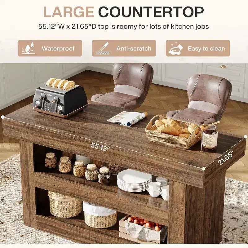 55IN Kitchen Island, 3-Tier Stationary Island Table with Large Countertop, Wooden Coffee Bar Table Storage Cabinet for Dining Room