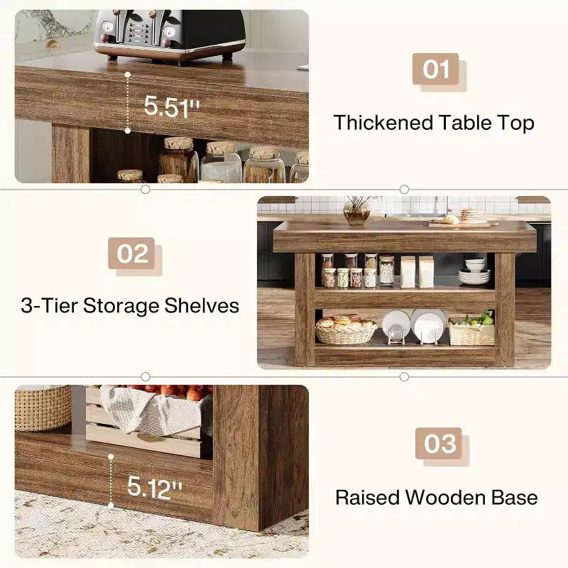 55IN Kitchen Island, 3-Tier Stationary Island Table with Large Countertop, Wooden Coffee Bar Table Storage Cabinet for Dining Room