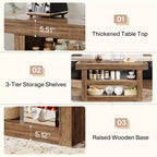 55IN Kitchen Island, 3-Tier Stationary Island Table with Large Countertop, Wooden Coffee Bar Table Storage Cabinet for Dining Room