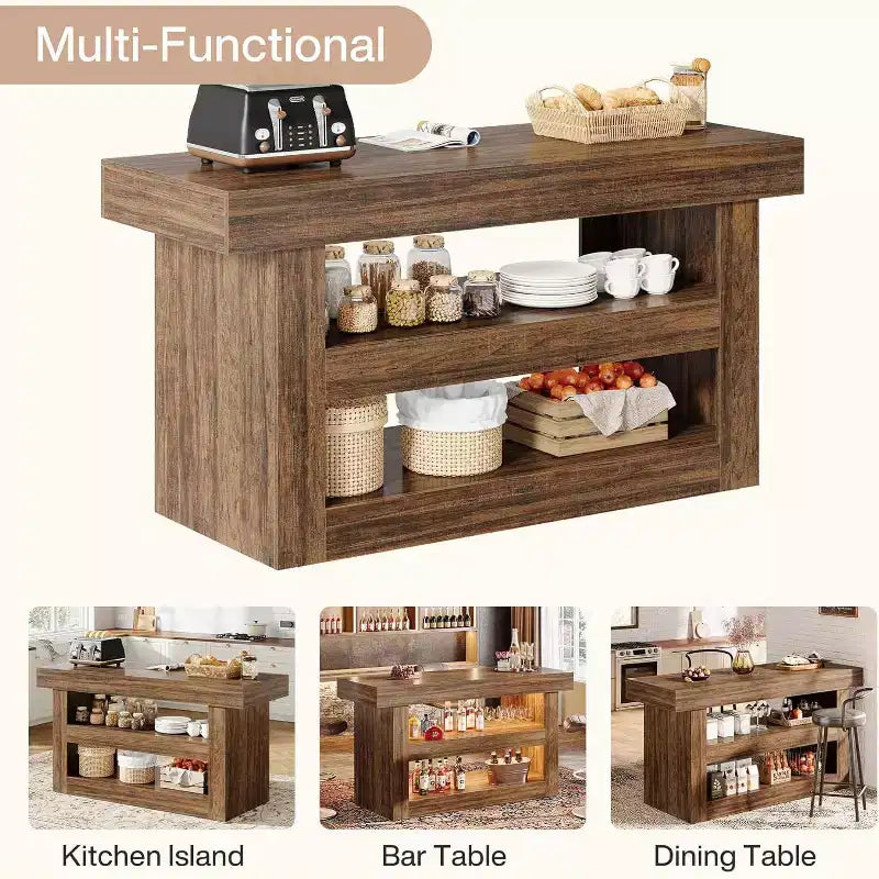 55IN Kitchen Island, 3-Tier Stationary Island Table with Large Countertop, Wooden Coffee Bar Table Storage Cabinet for Dining Room