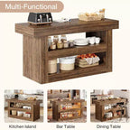 55IN Kitchen Island, 3-Tier Stationary Island Table with Large Countertop, Wooden Coffee Bar Table Storage Cabinet for Dining Room