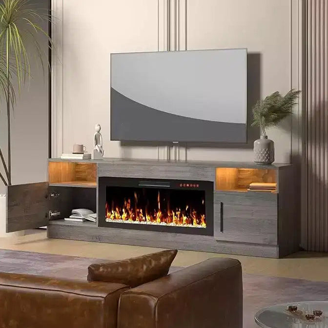CuisinSmart TV Stand with LED Light (Up to 75 TVs), 70 Modern Wood Media TV Console with Storage Cabinet for Living Room (Fireplace Not Included)