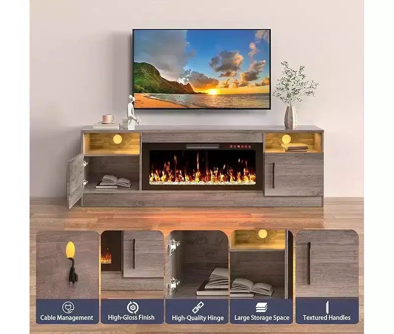 TV Stand with LED Light (Up to 75 TVs), 70 Modern Wood Media TV Console with Storage Cabinet for Living Room (Fireplace Not Included)