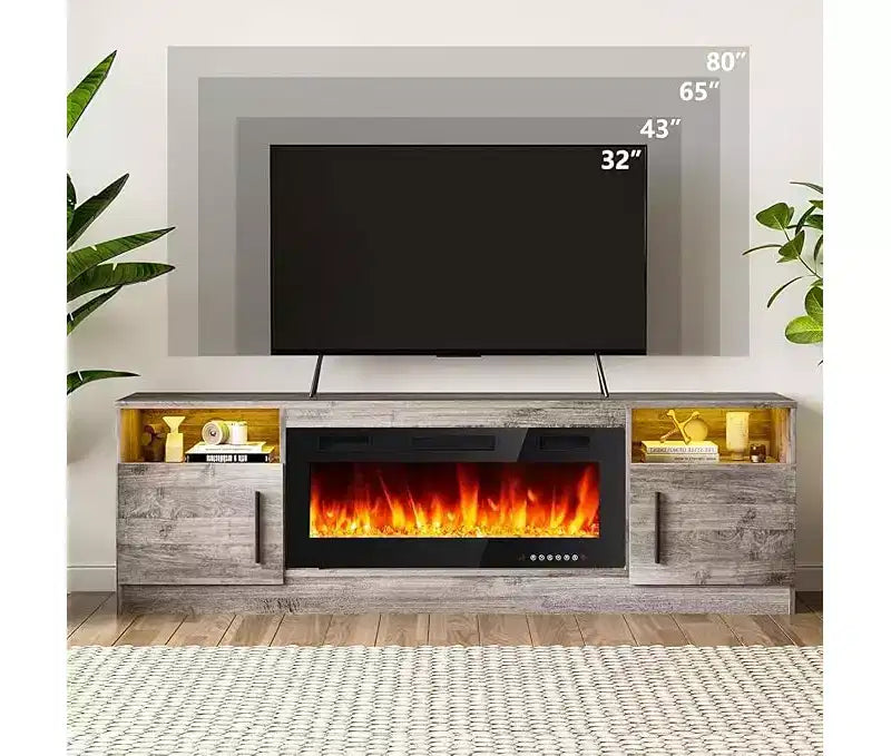 TV Stand with LED Light (Up to 75 TVs), 70 Modern Wood Media TV Console with Storage Cabinet for Living Room (Fireplace Not Included)