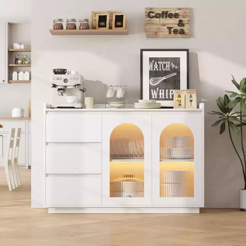 48 Buffet, Modern Storage Cabinet with 3 Drawers, Illuminated Sideboard with Glass Doors, Kitchen, Dining Room Coffee Bar, White